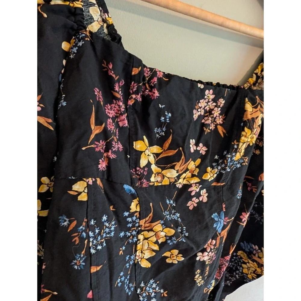 Abercrombie Fitch Black Floral Puff Sleeve Smocked Square Neck Top XS Whimsigoth